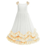 Floral Girls Off White Boho Maxi Dress Lace Fly Sleeve Ruffles Twirly Pleated Party Dress