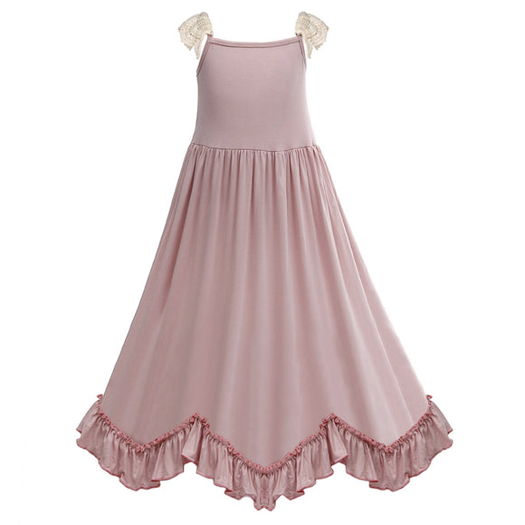 Girls Boho Maxi Dress Pink Color Pleated Fly Sleeve Single Layer Summer Party Dresses
