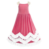 Girls Boho Maxi Dress Rouge Pink Color Pleated Flowy  Lace Fly Sleeve Summer Party Dress