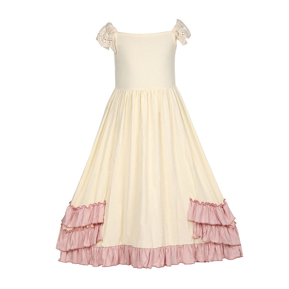 Girls Ruffles Maxi Dress Lace Fly Sleeve Cream Pleated Dress - everprincess