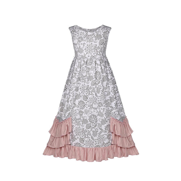 Girls Ruffles Maxi Dress Summer Cotton Dress with White Floral Print - everprincess
