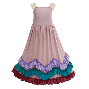 Girls 3 Layers Candy Ruffles Boho Maxi Dress with Lace Fly Sleeve