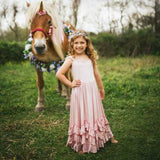 Girls 3 Layers Ruffles Pink Maxi Dress with Lace Fly Sleeve - everprincess