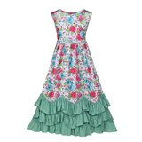 Girls Ruffles Maxi Dress Green Floral Print Cotton Christmas Dress