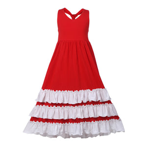 Girls Red Color Ruffles Backless Maxi Dress - everprincess